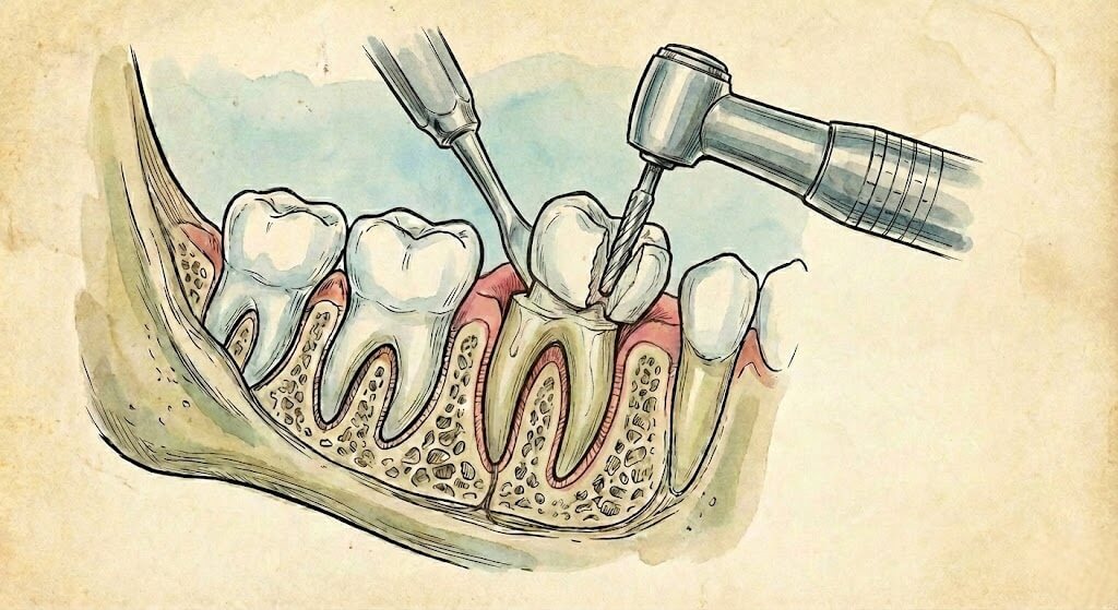 Иллюстрация сложного удаления зуба распиливаинем