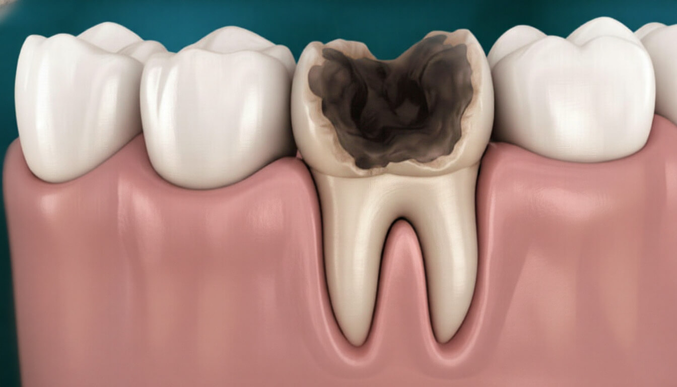 Зуб разрушен до уровня десны кариесом
