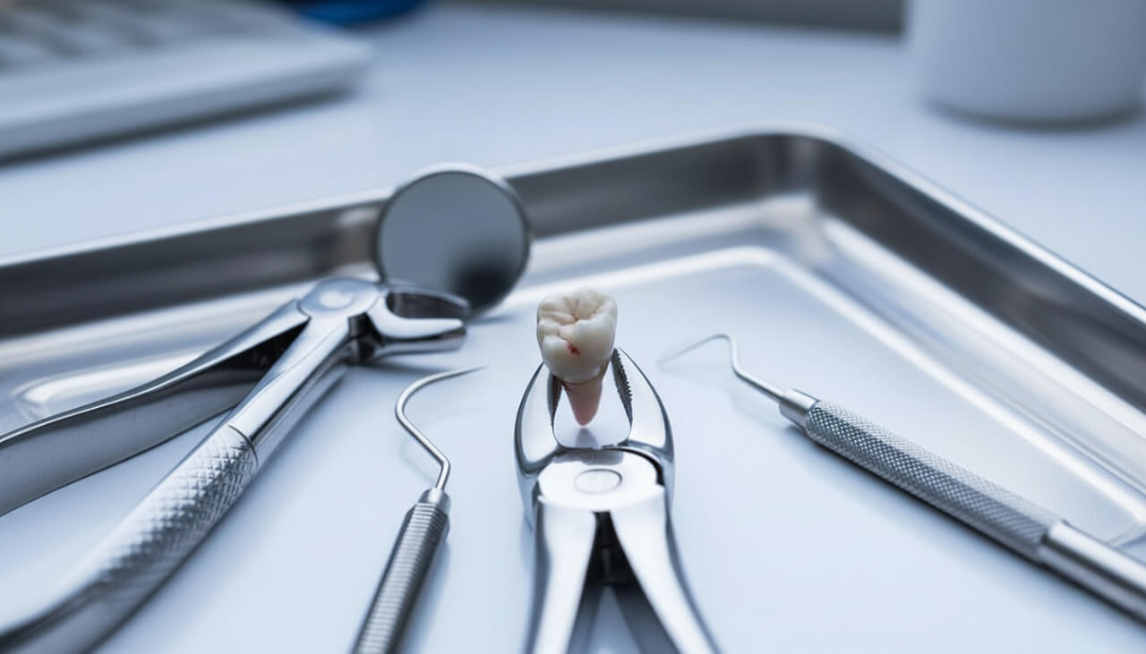 Зуб после удаления на подносе